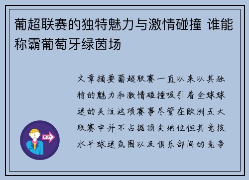 葡超联赛的独特魅力与激情碰撞 谁能称霸葡萄牙绿茵场