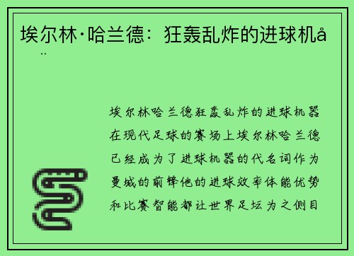 埃尔林·哈兰德：狂轰乱炸的进球机器