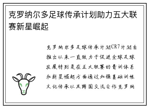 克罗纳尔多足球传承计划助力五大联赛新星崛起